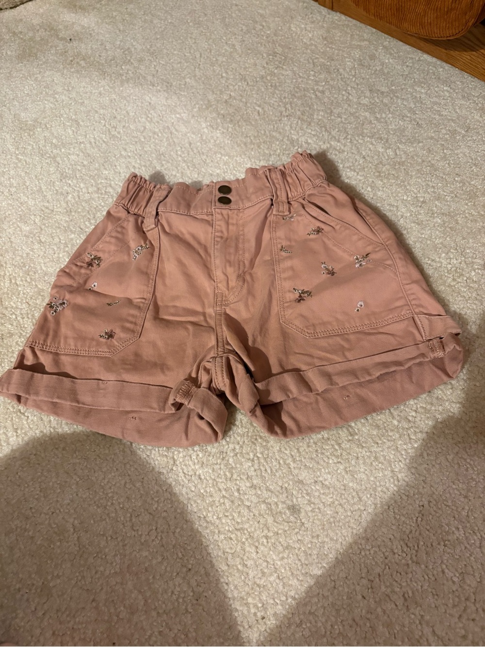 Women's Paperbag Waist Embroidered Peach Colored Floral Shorts